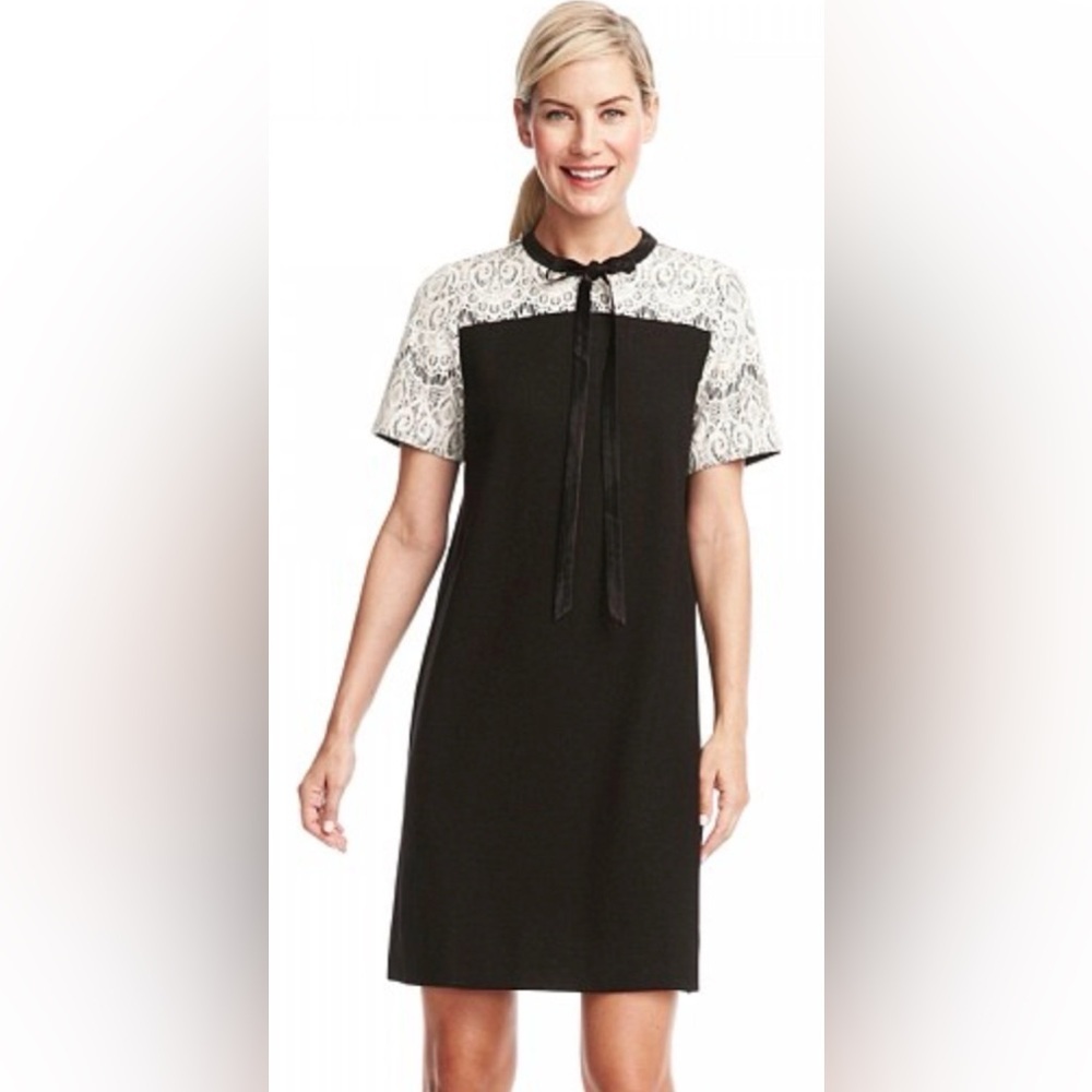 Draper James Black Dress with White Lace Yoke and Neck Bow